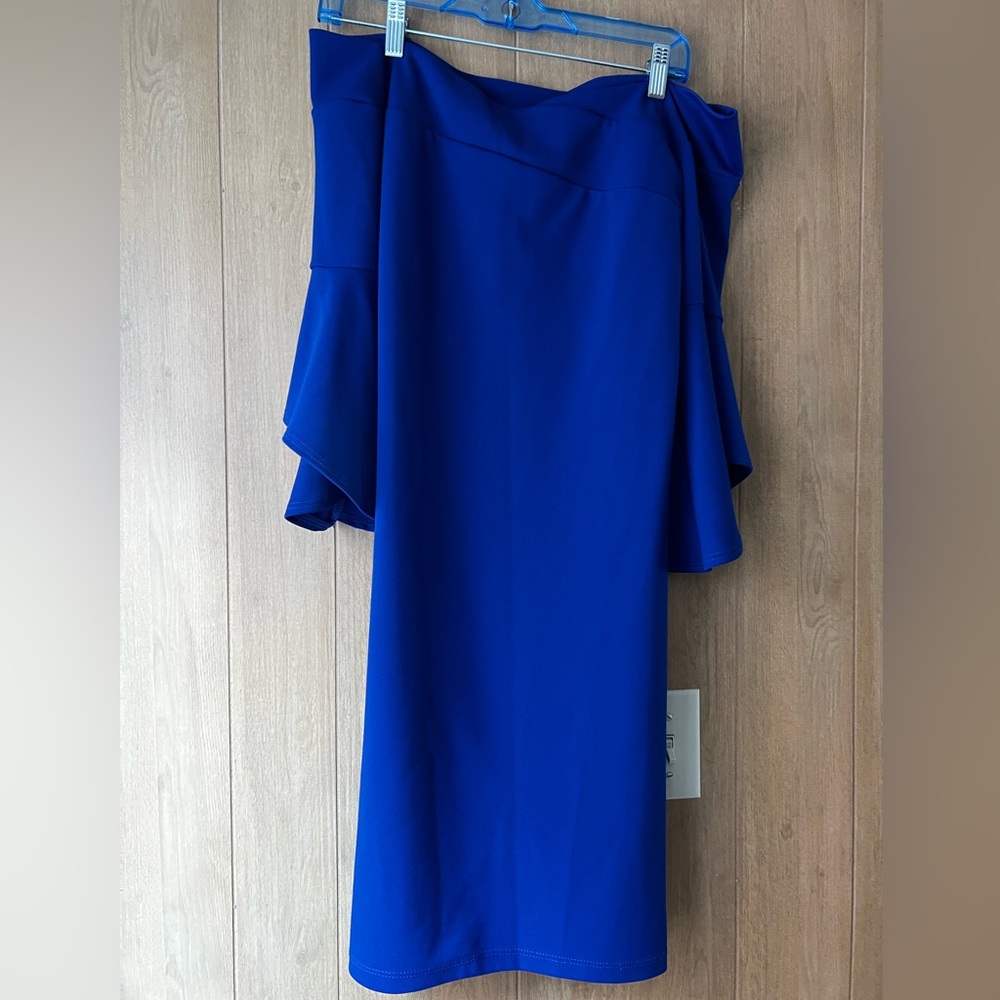 Bebe Blue Off-Shoulder Pleated Sheath Dress Size 10 - Picture 2 of 12